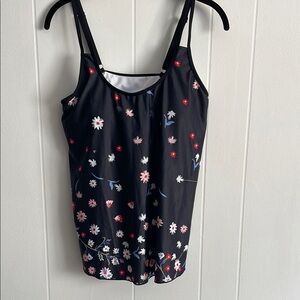 Black Floral Tankini Top with Pink, White & Blue Flowers